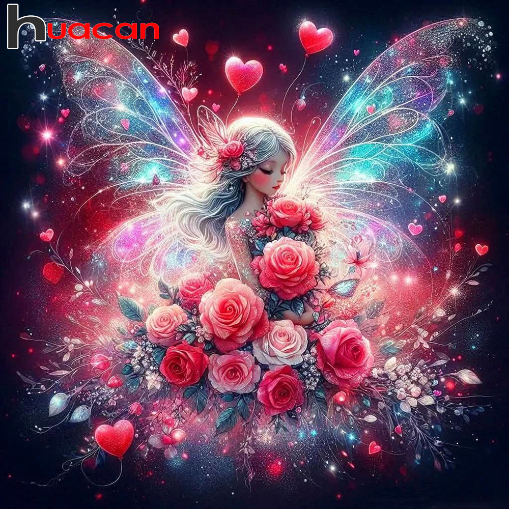Embroidery Rose - Huacan Diamentowe Malowanie Róża Motyl Wróżka